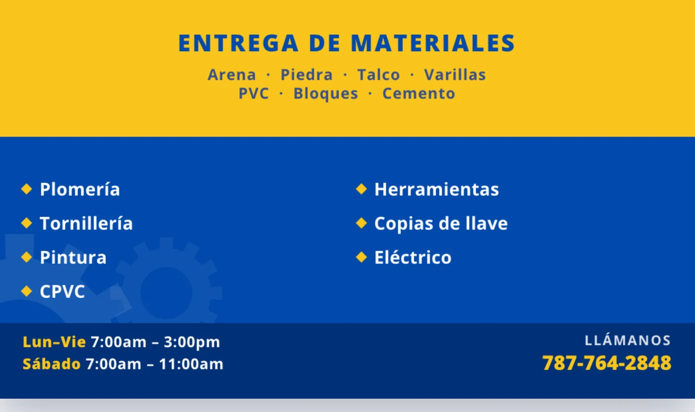 Ferretería Paraná two-sided card, back face with the materials delivery service, hardware inventory, and store hours