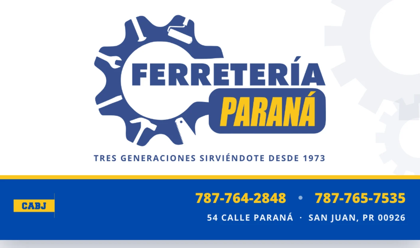 Ferretería Paraná two-sided card, front face with the vectorized gear logo, tagline, and contact strip