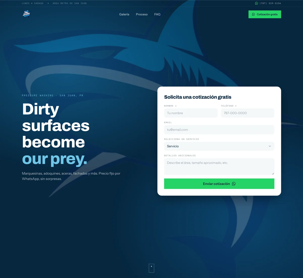 Shark Wash PR: the hero washed clean, the shark mark behind the free-quote form